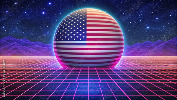 Obraz American Dream 80s: A vibrant and futuristic image of the American flag as a sphere, set against a retro 80s landscape with a neon grid and starry night sky.  A nostalgic and inspiring vision of the U