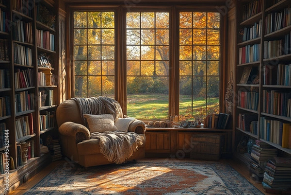 Fototapeta Cozy reading nook with a comfortable chair, surrounded by books, and a view of autumn trees through large windows.