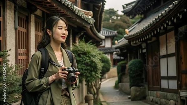 Fototapeta Woman with camera exploring a traditional Japanese street.