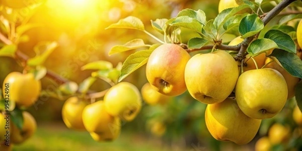 Fototapeta Closeup of yellow apples on a branch in an orchard farm garden, yellow, apples, orchard, farm, garden, closeup, tree branch