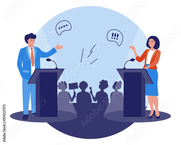 Fototapeta Political debates and discussions with candidates. Public speaking in front of an audience.