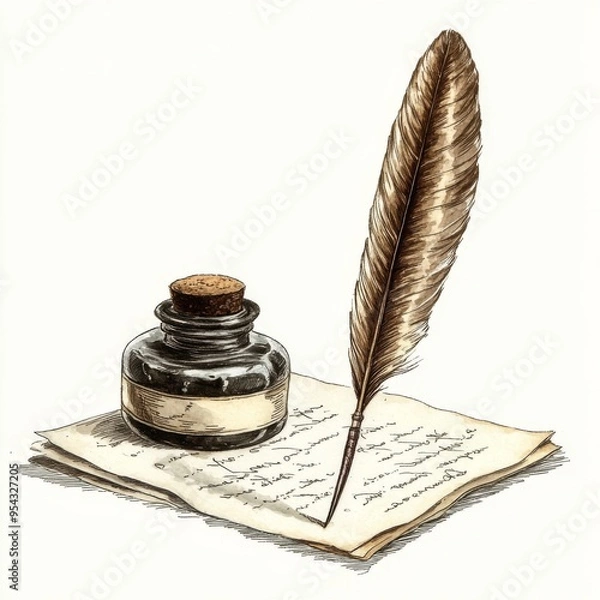 Obraz Inkwell & Quill: A classic, vintage-inspired image of a quill pen resting on a sheet of parchment, alongside an inkwell filled with dark ink. A timeless symbol of writing, creativity, and the beauty o
