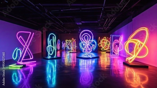 Fototapeta Neon Light Installation in a Dark Gallery Space