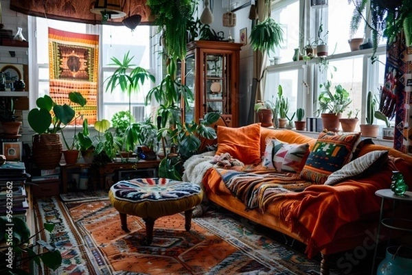 Obraz Illustration of A trendy living room bursting with cluttercore charm, vibrant bohemian patterns, mismatched furniture, and a riot of indoor plants. Ai Generate.

