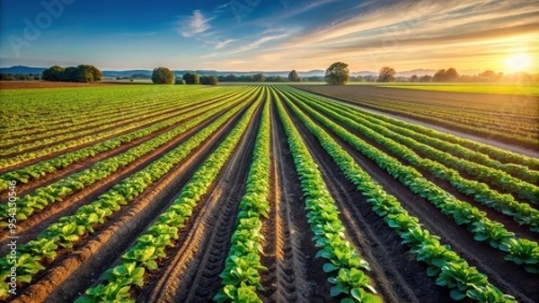 Fototapeta A detailed stock photo of rows of flourishing agricultural crops in the field, agriculture, crops, field, farm, farming, growth