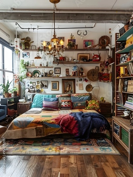 Obraz Illustration of A trendy studio apartment with a cluttercore twist, showcasing an artful mess of trendy decor, eclectic furniture, and personal treasures on every surface. Ai Generate.
