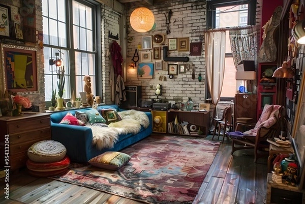 Obraz Illustration of A trendy studio apartment with a cluttercore twist, showcasing an artful mess of trendy decor, eclectic furniture, and personal treasures on every surface. Ai Generate.
