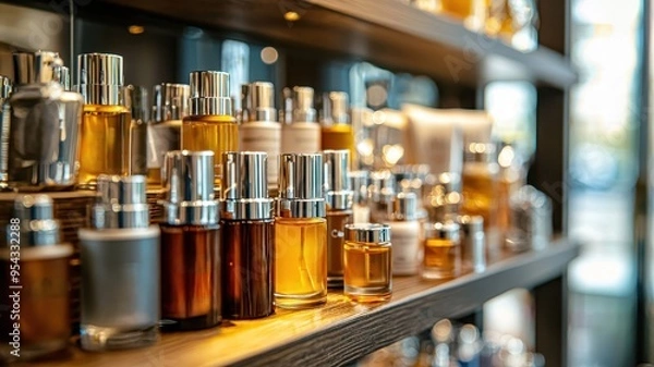 Obraz A captivating display of various perfume bottles on a shelf, showcasing elegant designs and rich colors, perfect for fragrance lovers.
