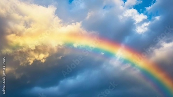 Fototapeta Rainbow arching across a cloudy sky after a rainstorm, colorful weather phenomenon