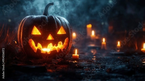 Fototapeta A Halloween concept featuring a glowing pumpkin with candles inside,.