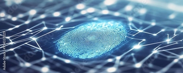 Fototapeta Digital wallet concept with fingerprint authentication, blue and white color scheme, biometric security, data protection