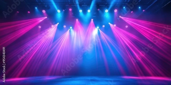 Fototapeta Vibrant stage lights in blue and pink illuminate the dark space, creating an electrifying atmosphere for performances.