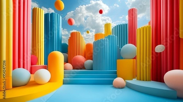 Fototapeta Colorful 3D Shapes Create Playful Abstract Background with Podium