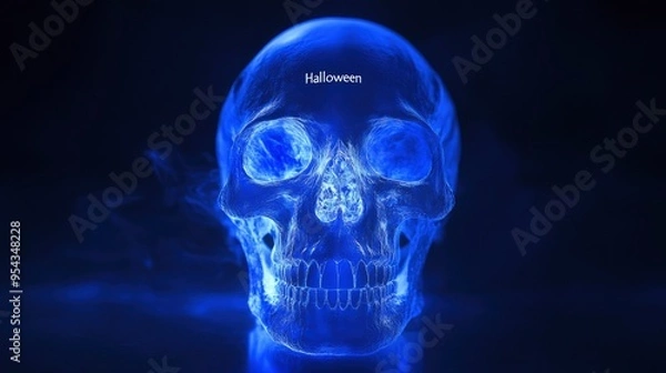 Fototapeta blue glowing human skull"Halloween "written on the Background. 