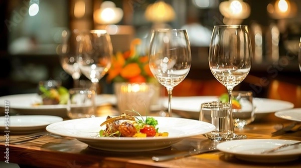 Obraz Beautifully set table with a plate of food, wine glasses, and silverware. The ambiance is warm and inviting, perfect for a fine dining experience.