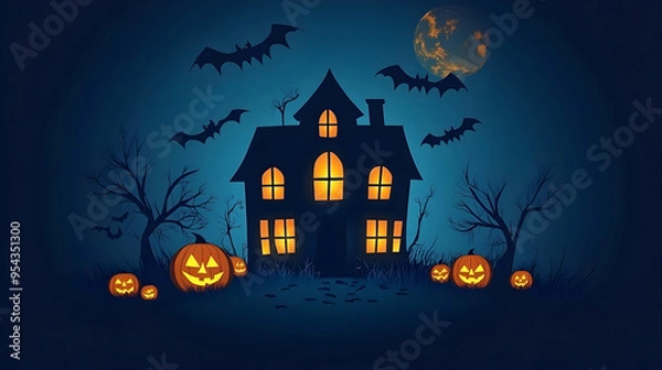 Obraz Haunted House Halloween Night with Jack o Lanterns and Bats