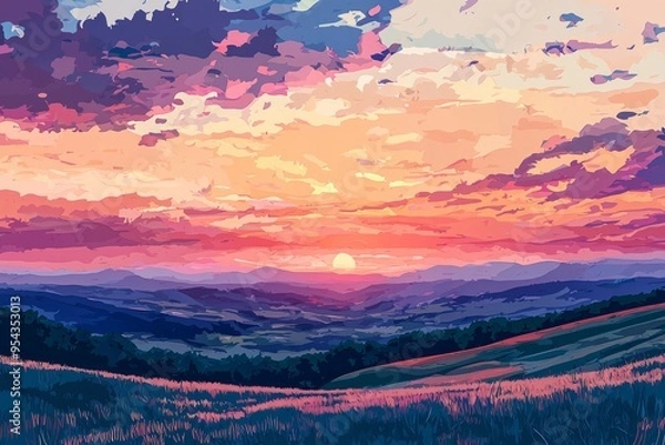 Fototapeta Observing the gentle fade of sunset colors over a series of rolling hills. Cozy vibe, Generative AI
