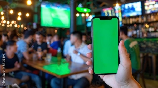 Fototapeta Capturing a moment in a sports bar, this image features a hand holding a smartphone with a green screen