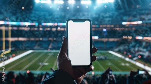 Fototapeta Image of a male hand holding a smartphone with a blank screen at an American football stadium.