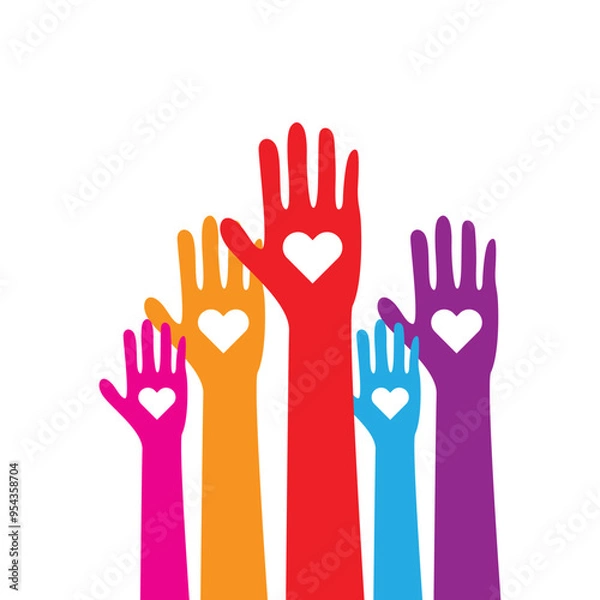 Fototapeta Diverse colorful arms with heart icon, multi-ethnic hands raised up and spread love vector illustration isolated on white background