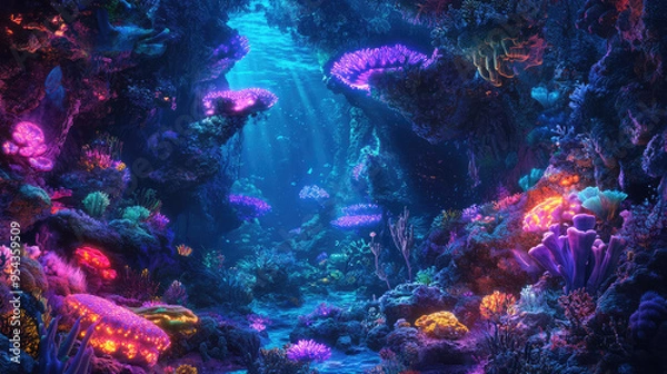 Fototapeta A magical underwater landscape where glowing coral reefs illuminate the deep sea. The scene is filled with an array of colorful, mystical creatures.