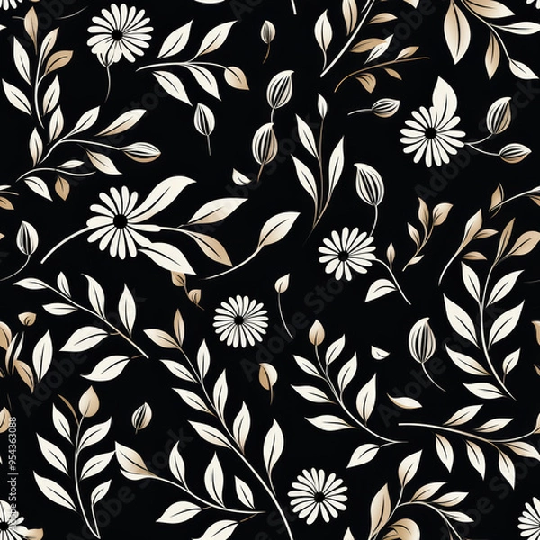 Fototapeta A seamless pattern featuring delicate white flowers and beige leaves on a black background.
