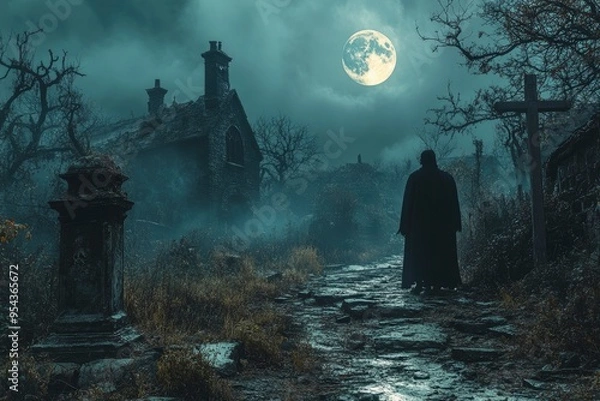 Fototapeta Halloween concept background of realistic horror house and creepy street with moonlight.