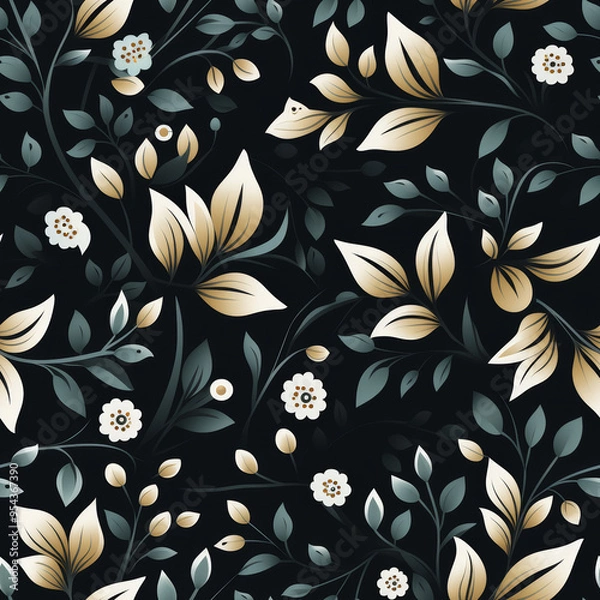 Fototapeta Seamless pattern with white flowers and leaves on a dark background.