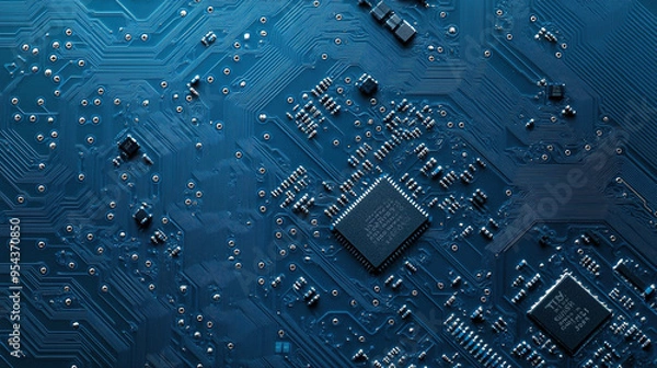 Fototapeta Computer motherboards and circuit boards. Abstract circuit board with a lot of micro chips. Main microchip on the motherboard. Tech science background. Semiconductor and circuit board. Circuit board 