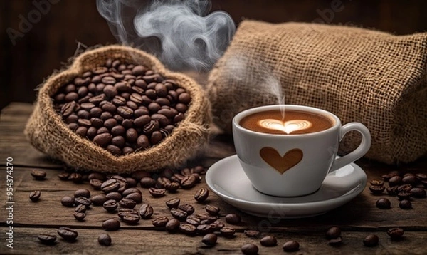 Fototapeta A steaming cup of latte art coffee with coffee beans in a burlap sack and scattered on a rustic wooden table.
