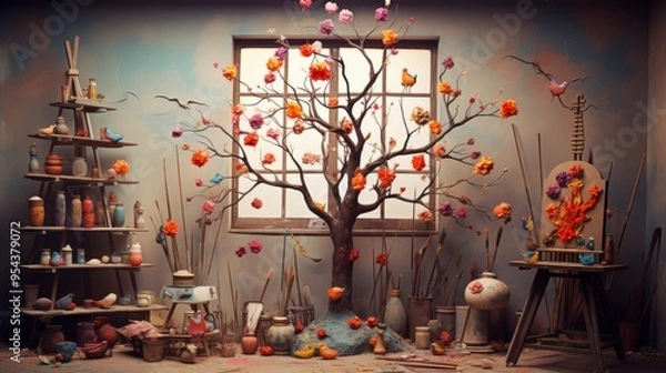 Fototapeta Whimsical Artists Studio With Blossoming Tree, Art Supplies, and Colorful Bird Sculptures