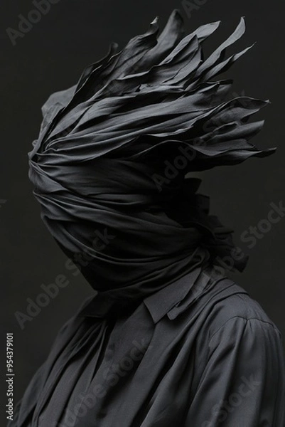 Fototapeta An abstract representation of identity, featuring a faceless figure draped in flowing black fabric against a dark backdrop.