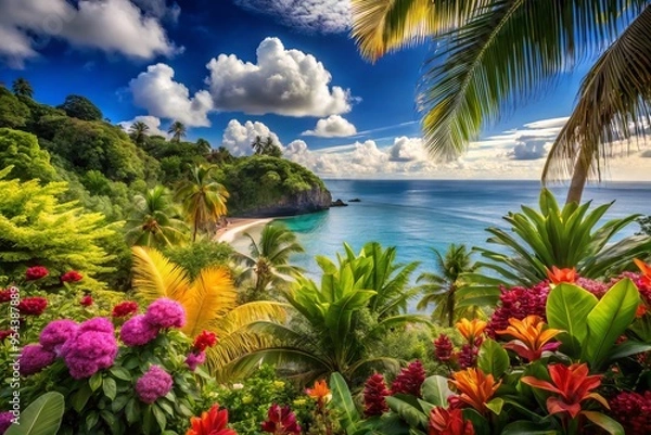 Obraz Vibrant tropical flowers, exotic foliage, and serene ocean views blend harmoniously in a stunning