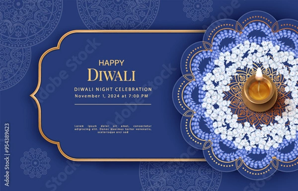 Fototapeta Diwali Festival banner. Golden frame, rangoli patterns with flowers and diya lamp