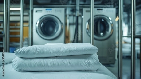 Obraz Clean Bed Sheets Piled Near a Large Industrial Washing Machine in a Factory Environment