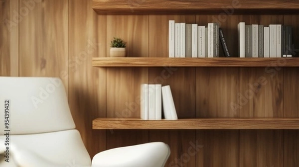 Fototapeta Reading nook in modern lounge with bookshelf and white armchair.