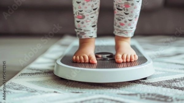 Fototapeta Close-up of a child's bare feet standing on a digital scale, showcasing their tiny toes and a focused expression on their face.