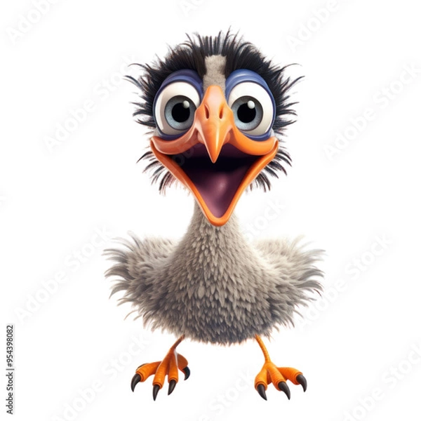 Fototapeta A cartoon baby bird with large eyes and an open beak, looking up with a joyful expression.