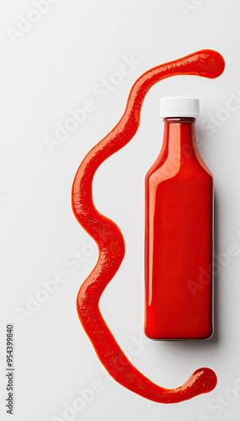 Fototapeta Vibrant ketchup bottle with a playful swirl of sauce. Perfect for food-related concepts and culinary themes.