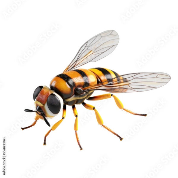Fototapeta A close-up of a bee with its wings spread, isolated on a black background.
