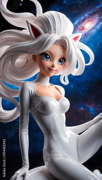 Fototapeta A full-color anime models of a captivating, elegant with 3D elements. Featuring flowing light colourful hair, bright eyes, and a chic latex outfit against a space background. Vibrant and sophisticated