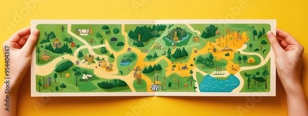 Fototapeta Amusement park map, with colorful illustrations, in a personâ€™s hands, under bright sunlight