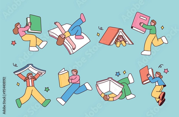 Obraz People are flying, floating, and doing fun concept moves while holding large books.