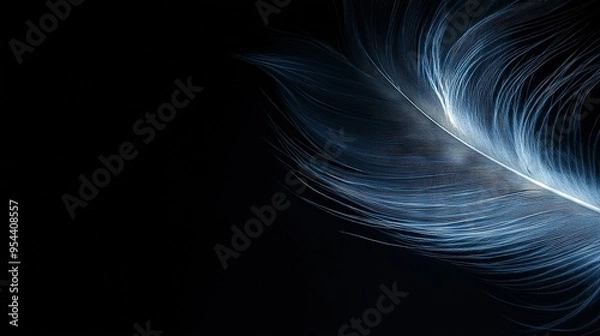 Fototapeta   A feather in sharp focus against a dark backdrop with a fuzzy bird's tail visible