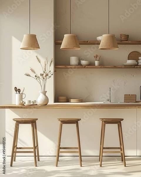 Fototapeta Stylish kitchen interior with wooden stools, neutral tones, and minimalist decor, creating a cozy and inviting atmosphere.