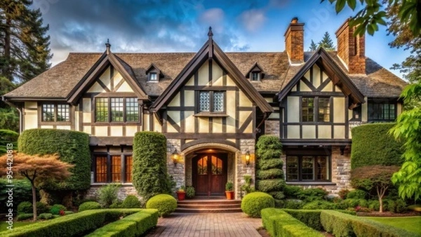 Fototapeta Tudor-style home with intricate half-timbering and arched entryway, perfect for capturing old-world charm, Tudor