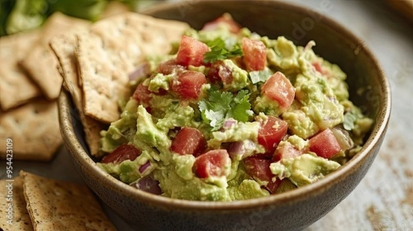Fototapeta Bowl of Guacamole with Tomatoes, Onions, and Cilantro