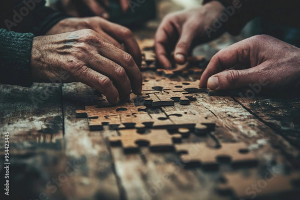 Fototapeta Collaborative Puzzle Solving: Hands Working Together on a Jigsaw