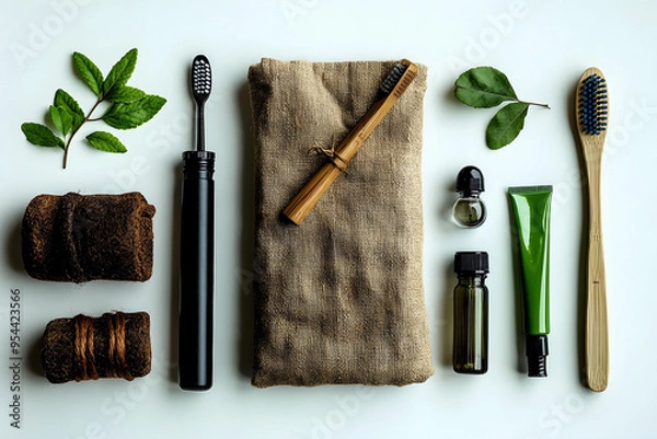 Obraz Minimalist Eco-Friendly Essentials: Bamboo Toothbrush and Sustainable Lifestyle Flat Lay