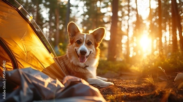 Fototapeta Happy Corgi Peeking Out from Tent in Sunlit Forest